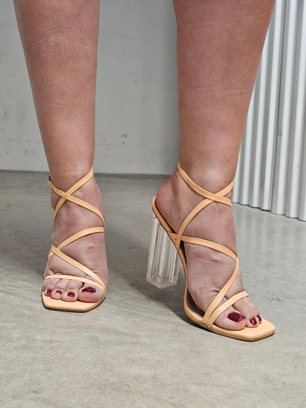 Peach Strappy Heeled Sandals With Clear Block Heel - Womens Trendy Open-Toe Desi - Picture 13 of 14